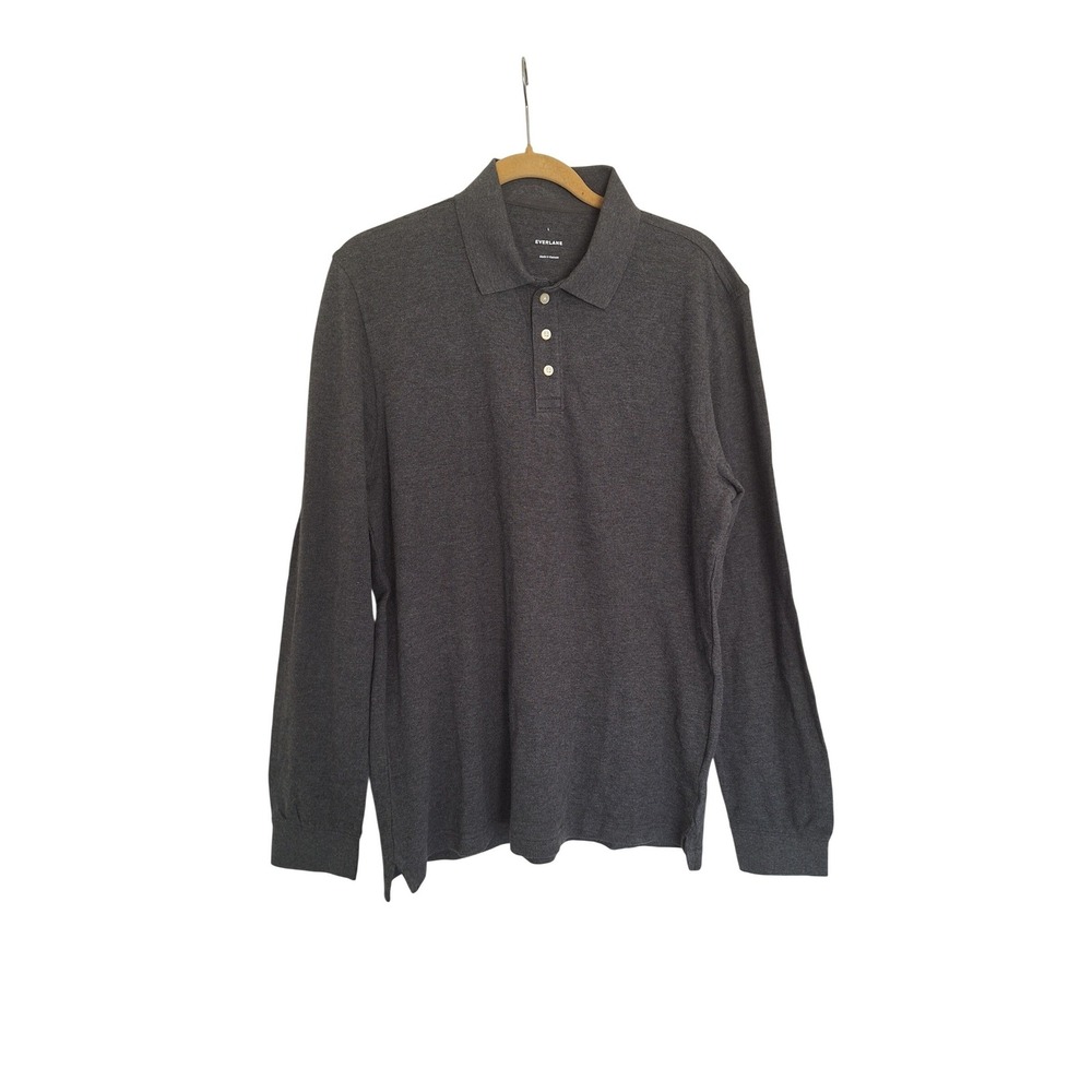 Everlane Mens Long Sleeve Polo Shirt Charcoal Grey Good Earth Cotton Large Pique